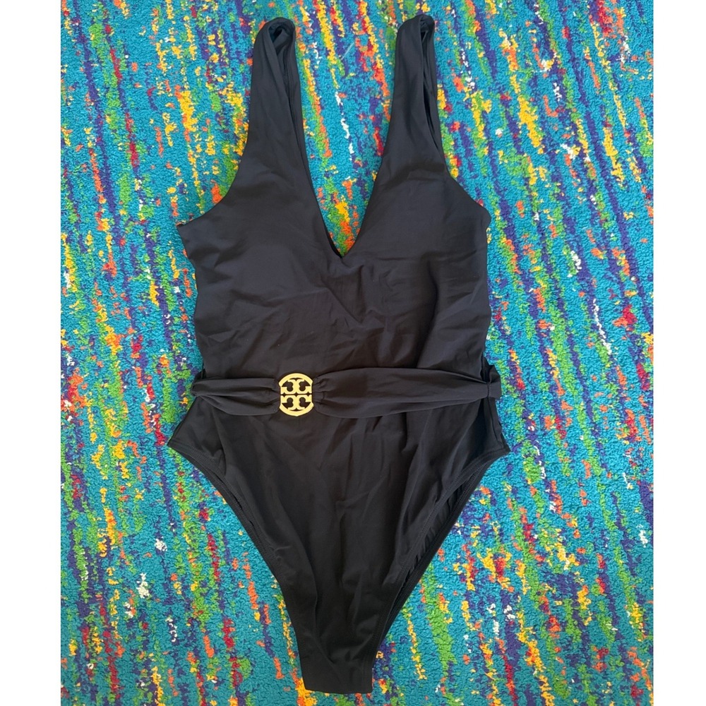 NWOT Tory Burch Miller Plunge One-Piece Swimsuit Black Gold Logo Women Size S